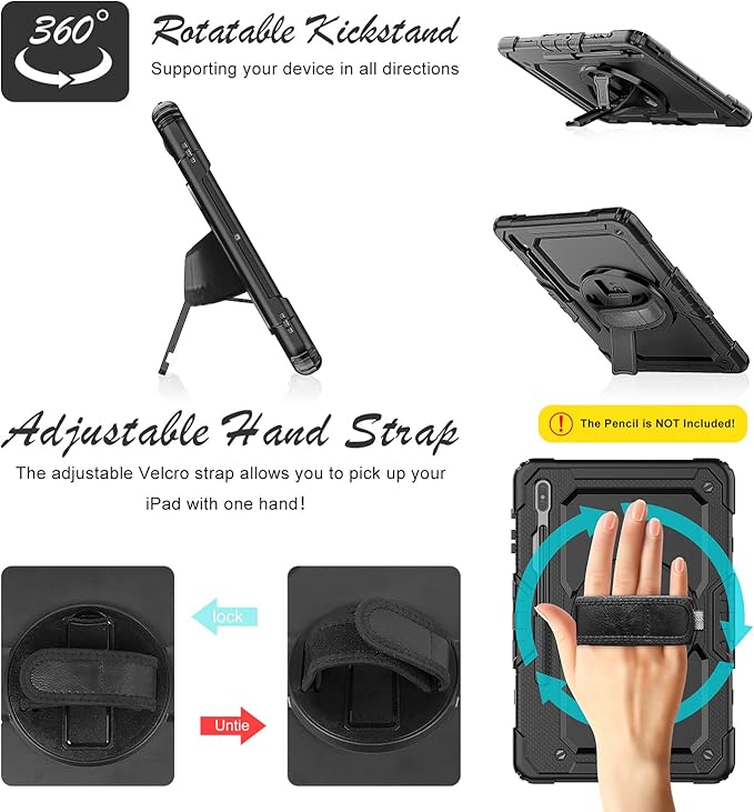 Case for Samsung Galaxy Tab S8 Plus 2022/S7 FE/S7 Plus 5G 12.4-inch Tablet Case Protective [with Screen Protector], Rotatable Kickstand, S Pen Holder, Hand/Shoulder Strap (Black)