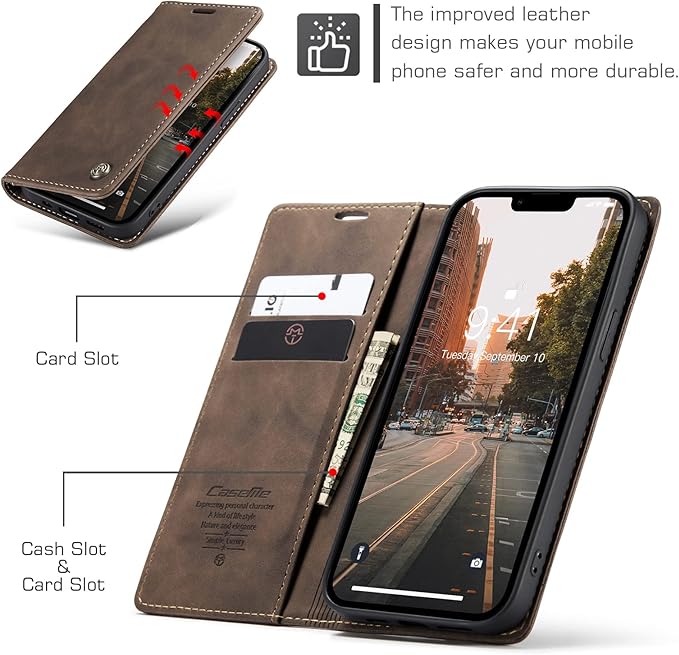 for iPhone 14 Case, Flip Wallet Leather Case with Card Holder Magnetic Closure Shockproof Kickstand Protective Phone Cases Cover for iPhone 14, Coffee