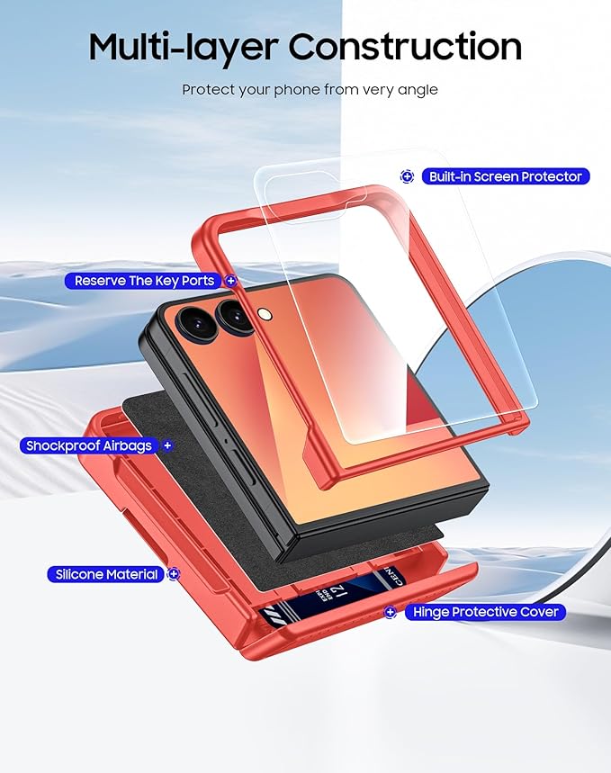 CENMASO for Samsung Galaxy Z Flip 7 Case with Card Holder [RFID Blocking] & Hinge Protection & HD Screen Protector, Rugged Anti-Scratch Full-Body Shockproof Phone Case for Z Flip 7-Coral Red