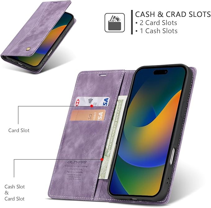 QLTYPRI for iPhone 16 Pro Case Wallet with Card Holder, Vintage PU Leather Kickstand Magnetic Closure Shockproof Folio Book Cover Case for iPhone 16 Pro - Retro Purple