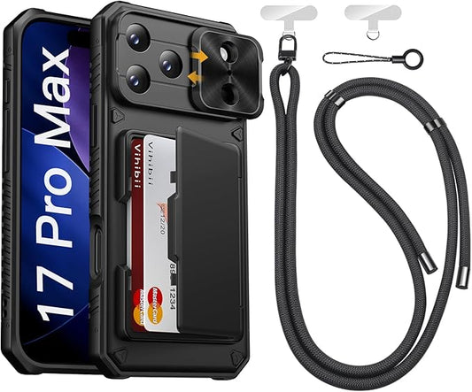 Vihibii for iPhone 17 Pro Max Case with Crossbody Lanyard Strap, Built-in Card Holder (4 Cards) [RFID Blocking] & Slide Camera Cover, Military Grade Drop Protection, Hard Back & Soft Edge Case, Black
