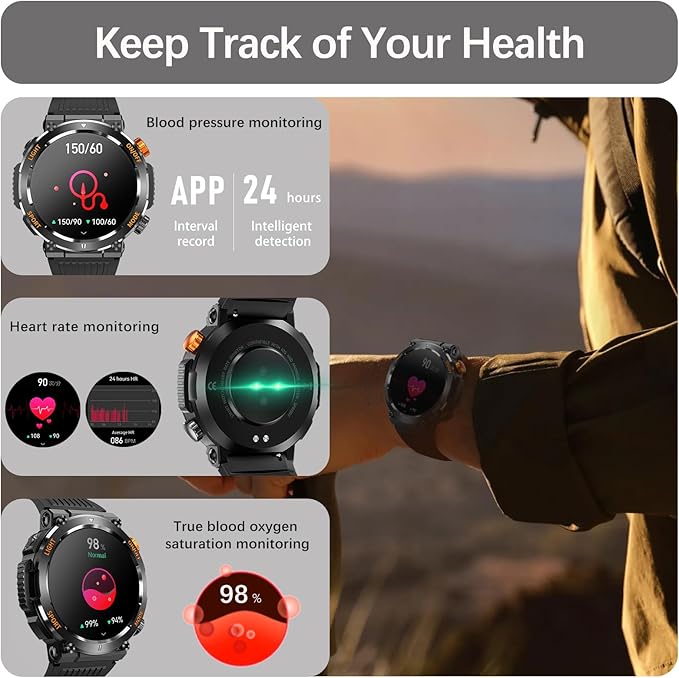 Military Smart Watch for Men Answer/Make Call, Outdoor Waterproof Tactical Sports Smartwatch with LED Flashlight Compass, Heart Rate Sleep Monitor Fitness Tracker Watches for iPhone Android Phone