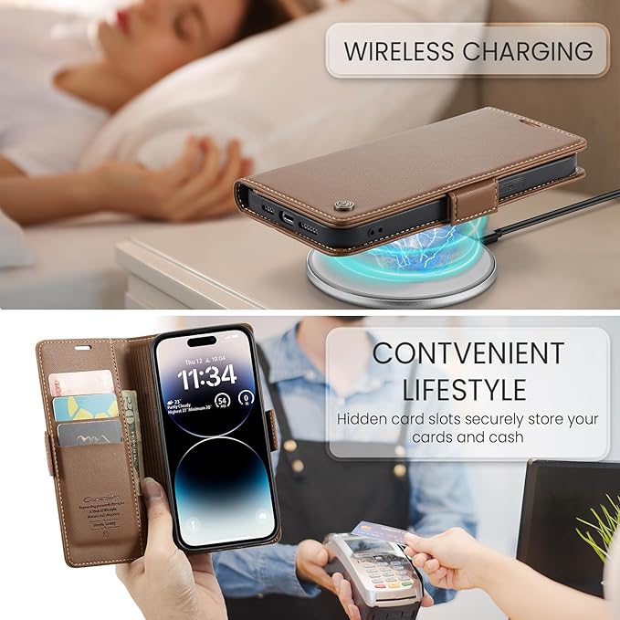 for iPhone 14 Pro Case, Premium PU Leather Wallet Case Flip Cover with [RFID Blocking][Card Holder][Stand Function] Shockproof Protective for iPhone 14 Pro 6.1 inch, Brown