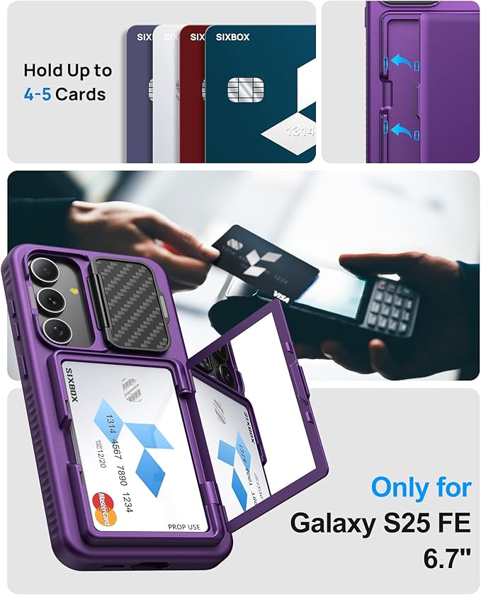 for Samsung Galaxy S25 FE Case, Built-in Card Holder & Stand & Lens Cover, Military Grade Drop Tested Soft Silicone Edge Rugged Protective Wallet Phone Case for S25 FE 6.7" 2025, Purple