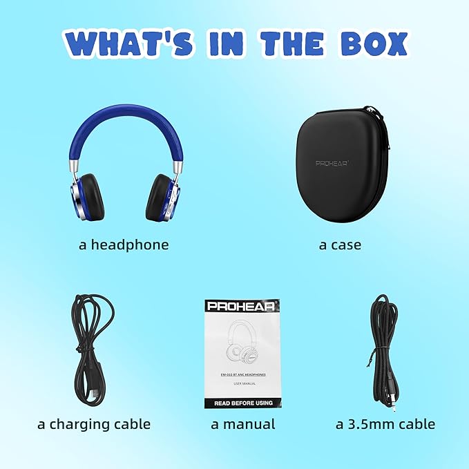 PROHEAR 010 Pro Active Noise Cancelling Headphones for Kids – Bluetooth, 85dB Safe Volume, 80H Playtime, Hi-Fi Over-Ear Wireless Headphones with Mic for iPad, Tablet, Travel – Blue