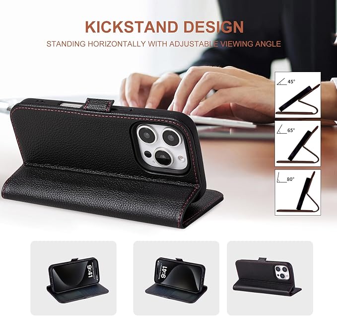 Case for iPhone 16 Pro Max 5G 2024-Genuine Leather Folio Wallet Magnetic Kickstand RFID Blocking Card Slots Shock-Absorbent Phone Cover Compatible with iPhone 16 Pro Max 6.9" (Black)