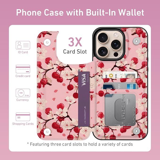 FUNMIKO for iPhone 16 Pro Wallet Case with Card Holder, RFID-Blocking, Military-Grade Protection & UV-Printed Artwork, Magnetic Closure with Leather Kickstand - Cherry Blossom