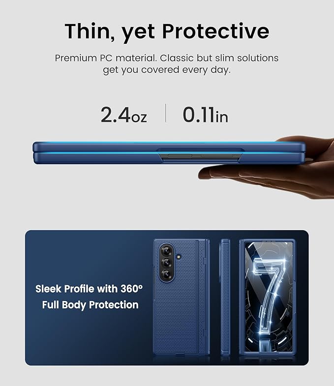 for Samsung Galaxy Z Fold 7 Case with Hinge Protection & Kickstand, Front Glass Screen Protector, Slim & Rugged, Hard Full Cover, Daily Protective Phone Case for Samsung Z Fold 7 5g 2025, Blue