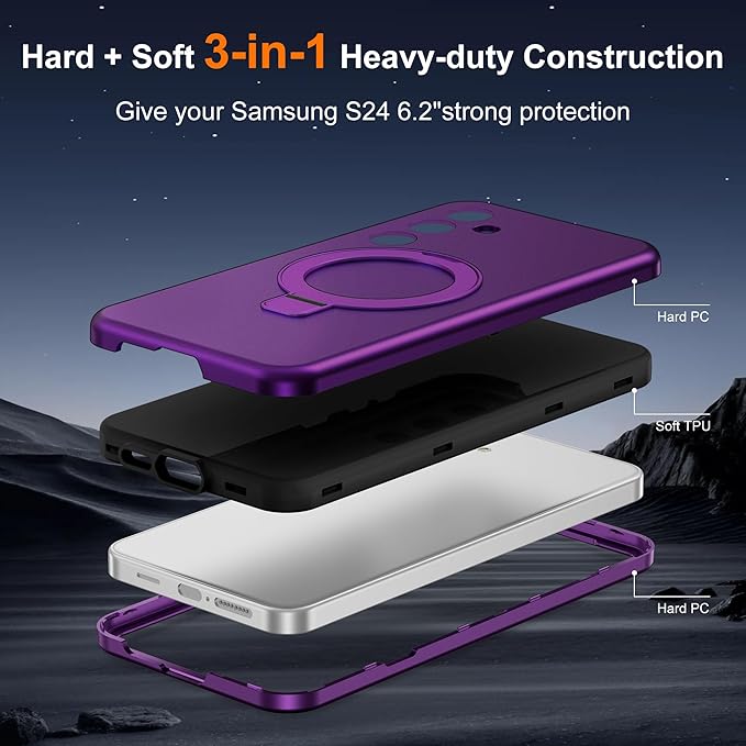 Designed for Samsung Galaxy S24 Case with Magnetic Ring Stand [Compatible with Mag-Safe][Military Grade Drop Protection][Build in Kickstand] Shockproof Galaxy S24 Phone Case 6.2",Purple