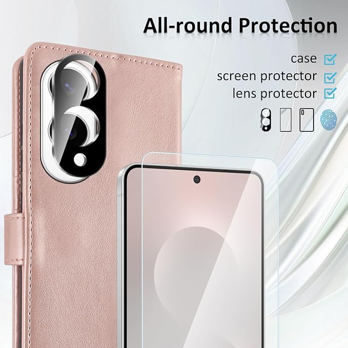 MONASAY Wallet Case Fit for Samsung Galaxy S25 Edge 5G，[Lens & Glass Screen Protector] [RFID Blocking] Flip Folio Leather Cell Phone Cover with Credit Card Holder, 6.7 inch, Rosegold