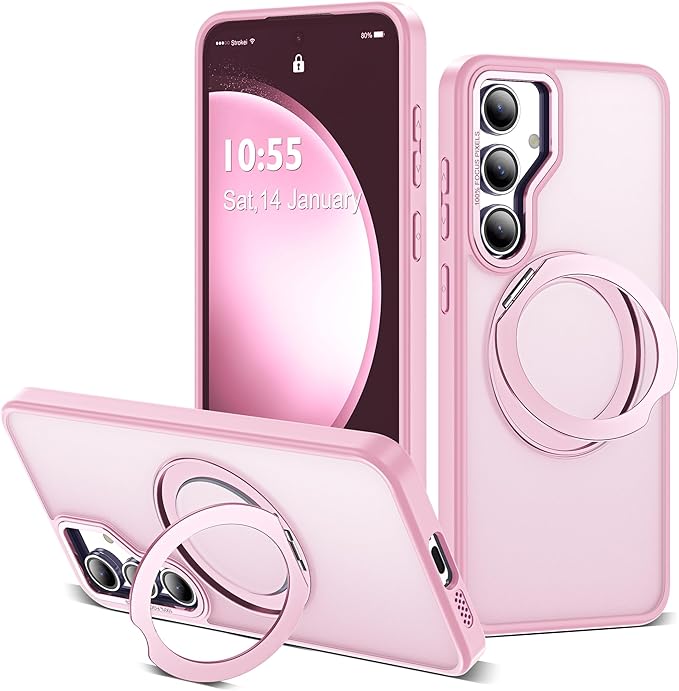 for Samsung Galaxy S23 FE Case with 360° Rotatable Magnetic Ring Stand Compatible with Mag-Safe Military Protection Shockproof Matte Translucent Phone Cases for S23 FE,Pink