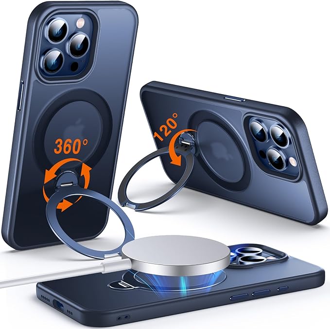 360° O-Ring MagStander for iPhone 15 Pro Case with Magnetic Kickstand Ring Holder [Compatible with MagSafe][360°Rotate Stand Ring][Military Shockproof] iPhone 15 Pro Phone Cover Matte Blue