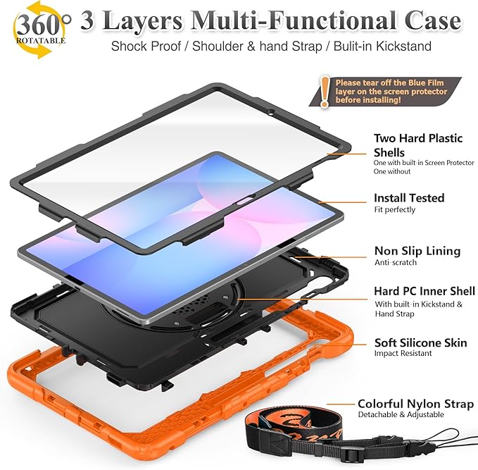 SEYMAC stock Case for Samsung Galaxy Tab S10 FE+ Plus 5G Tablet Case 13.1'' Protective with Screen Protector, Pencil Holder, 360 Rotating Stand, Hand Strap, Shoulder Strap, Black+Orange