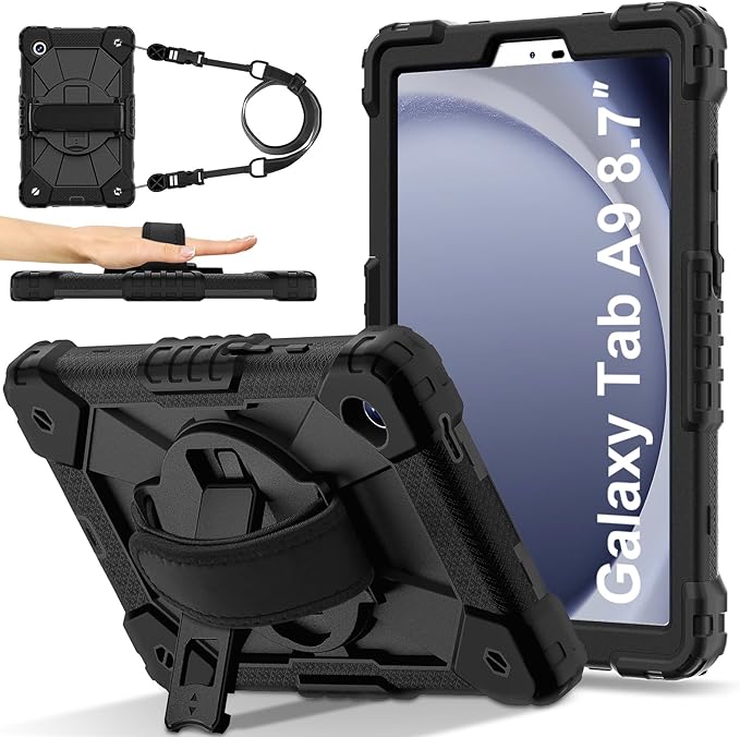for Samsung Galaxy Tab A9 Case 8.7 inch (SM-X110/X115/X117), Heavy Duty Shockproof Silicone Cover Rugged 360 Stand Hand Shoulder Strap for Galaxy A9 Tablet Black+Black