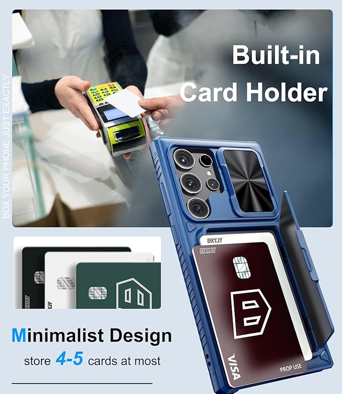 for Samsung Galaxy S23 Ultra Case with Card Holder (Store 4-5 Cards), Slide Lens Cover & Stand, Military Grade Protection, Heavy Duty Shockproof Wallet Phone Case for Galaxy S23 Ultra, Blue