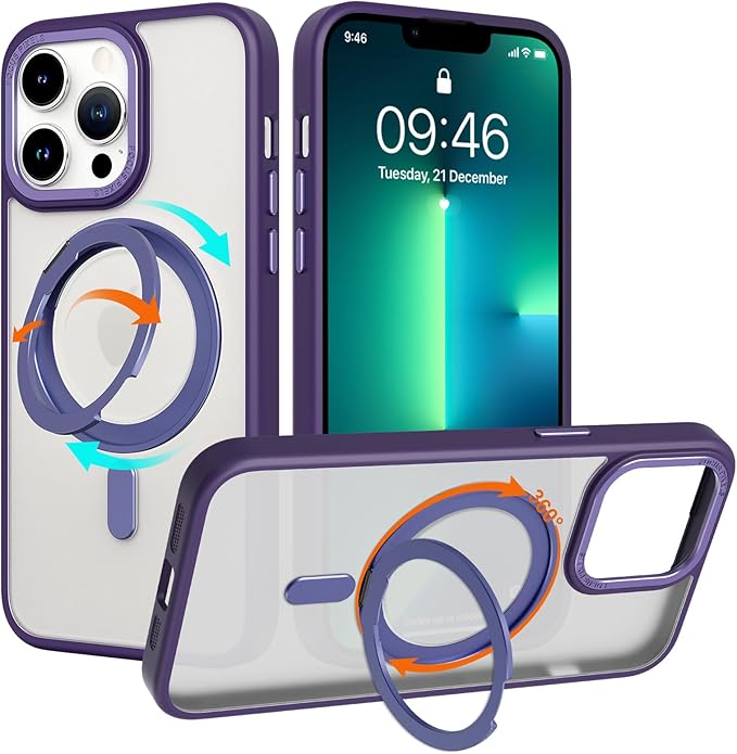 ZIYE Magnetic Case for iPhone 13 Pro Case with Stand [Compatible with MagSafe] Slim Shockproof Military Grade Heavy Duty Cover with 360 Rotatable Ring Kickstand for Women Men, Translucent Purple