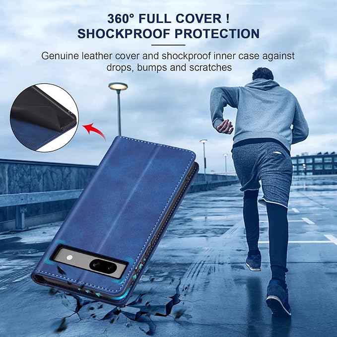 Jasonyu Flip Wallet Case for Google Pixel 7A,Leather Magnetic Folio Cover with Card Holder,Kickstand - TPU Shockproof Durable Protective Phone Case,Blue