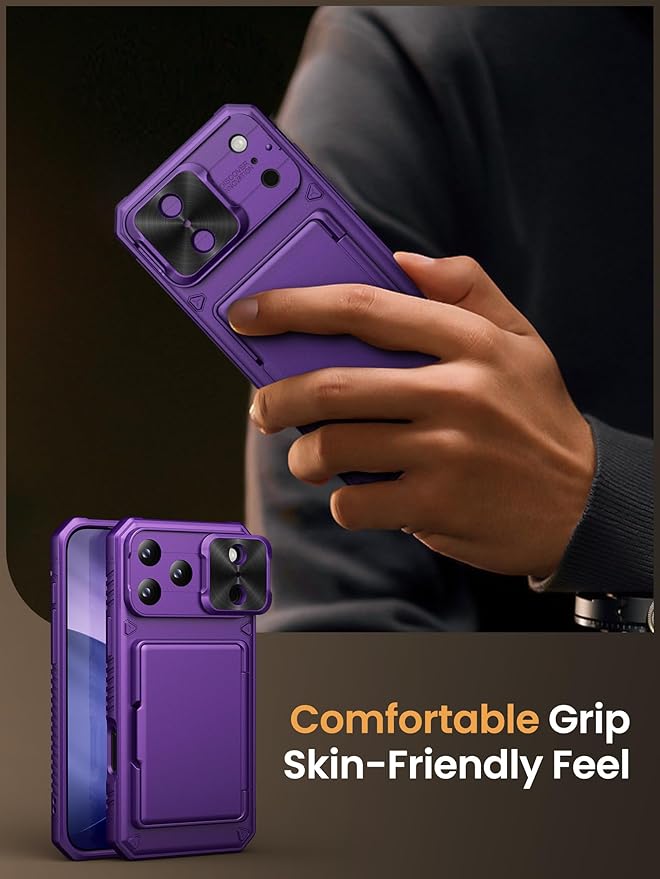 Vihibii for iPhone 17 Pro Case Wallet with Card Holder (4 Cards) [RFID Blocking] & Slide Camera Cover, Military Grade Drop Protection, Hard Back & Silicone Edge Phone Case 6.3" 5G 2025, Dark Purple