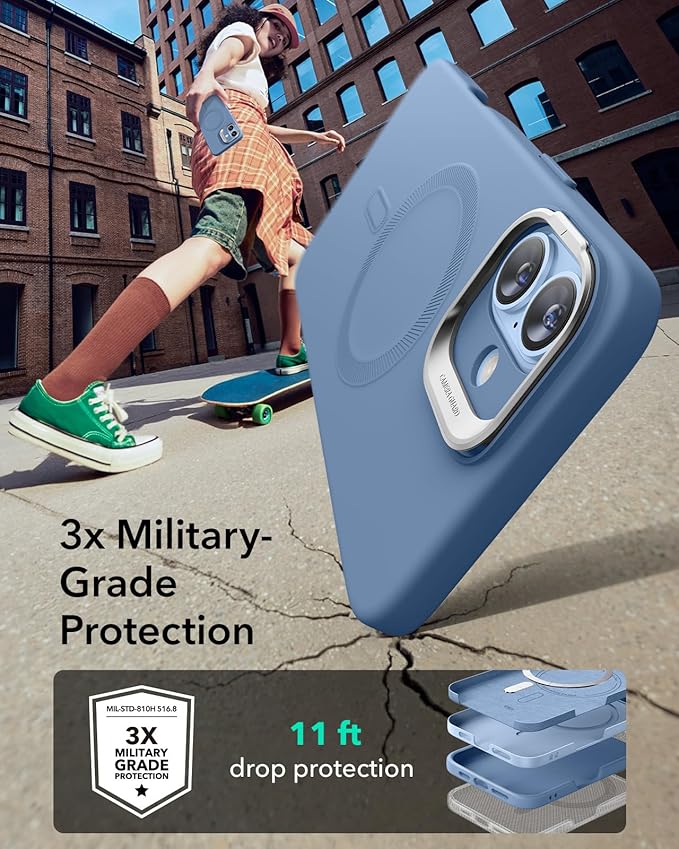 ESR for iPhone 16 Case, Silicone Case with Stand, Compatible with, Military-Grade Protection, Built-in Camera Stash Stand, Magnetic Phone Case for iPhone 16, Cloud Series, Light Blue