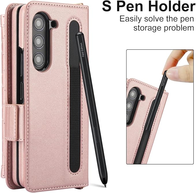 for Samsung Galaxy Z Fold 7 Wallet Case - Stitching Pattern RFID Blocking Card Holder, S Pen Slot Crossbody Strap, Full Body Protection Flip Cover for Women Rose Gold