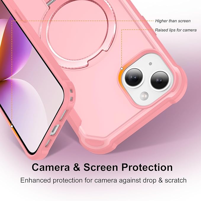 Compatible with iPhone 15 Case with Invisible Magnetic Ring Stand [Compatible with Magnetic] [Military Drop Protection] Shockproof Slim Hard Back Soft Edge Case 6.1 Inch, Pink