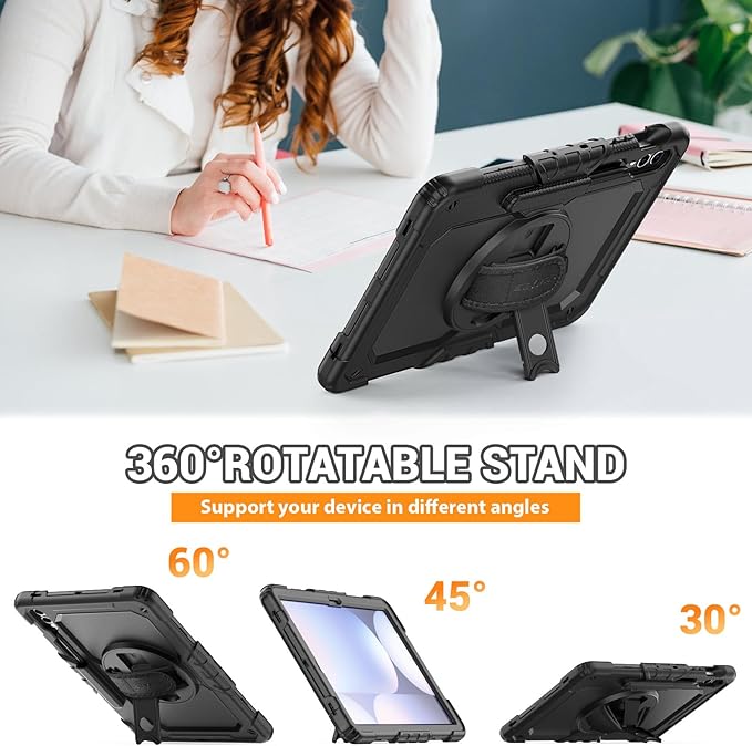 SEYMAC Case for Samsung Galaxy Tab S10+ Plus 2024/ S9 FE+ Plus/ S9+ Plus 12.4" 2023, Heavy Duty Shockproof Protective Case with Screen Protector, Stand, Hand/Shoulder Strap and Pen Holder, Black