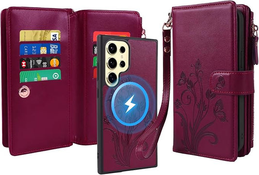 Lacass for Samsung Galaxy S24 Ultra Case Wallet,Compatible with MagSafe 2 in 1 Magnetic Detachable PU Leather RFID Blocking Wallet Cover Card Holder Zipper Wrist Strap Lanyard,Floral Wine Red