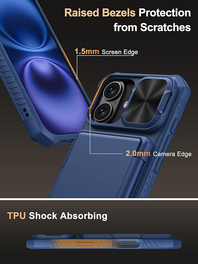 Vihibii for iPhone 16 Wallet Case with Card Holder (4 Cards) [RFID Blocking] & Slide Camera Cover & Raised Edges Protect Screen, Shockproof Rugged Phone Cover for iPhone 16 6.1" 2024, Blue