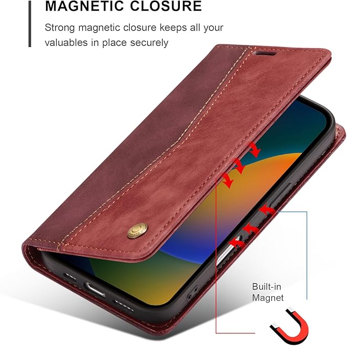 QLTYPRI for iPhone 16 Plus Case Wallet with Card Holder, Vintage PU Leather Kickstand Magnetic Closure Shockproof Folio Book Cover Case for iPhone 16 Plus - Retro Wine Red