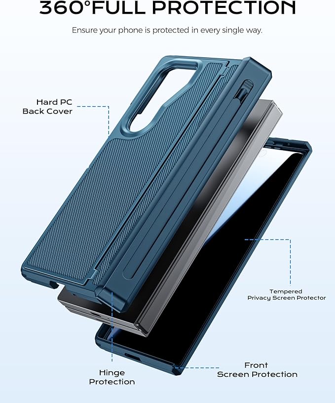 for Galaxy Z Fold 4 Case, S Pen Holder & Privacy Screen Protector & Kickstand & Hinge Protection, Slim Rugged Military-Grade Shockproof Protective Phone Case for Samsung Fold 4 (Lake Blue)