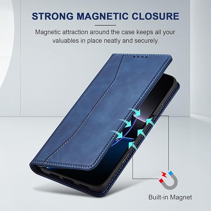 Jasonyu Flip Wallet Case for iPhone 16 Pro Max,Leather Magnetic Folio Cover with Card Holder,Kickstand - TPU Shockproof Durable Protective Phone Case,Blue