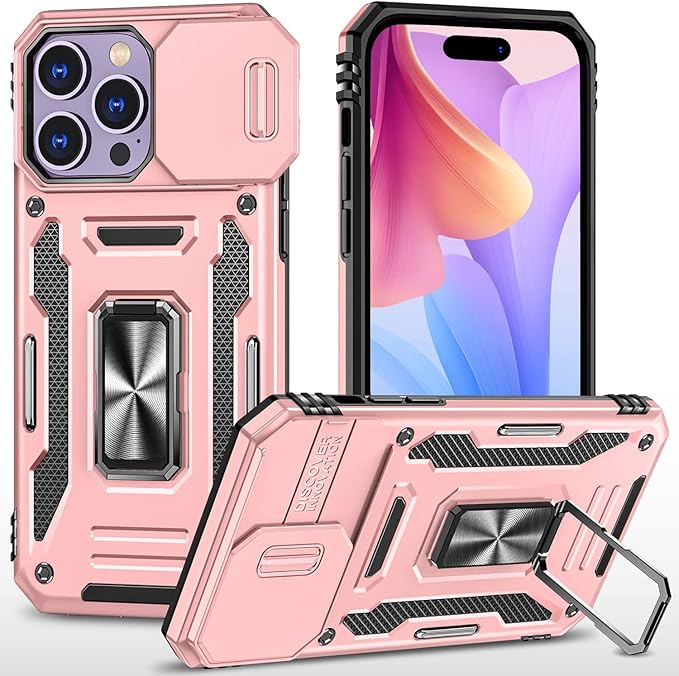 Phone Case for iPhone 14 Pro Case with Camera Cover, with Ring Holder Kickstand, with Magnetic Car Mount Function, for iPhone 14 Pro (Rose Gold)