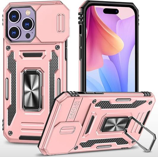 Phone Case for iPhone 14 Pro Max Case iPhone 14 Pro Max Phone Case with Camera Cover, with Ring Holder Kickstand, with Magnetic Car Mount Function, for iPhone 14 Pro Max (Rose Gold)