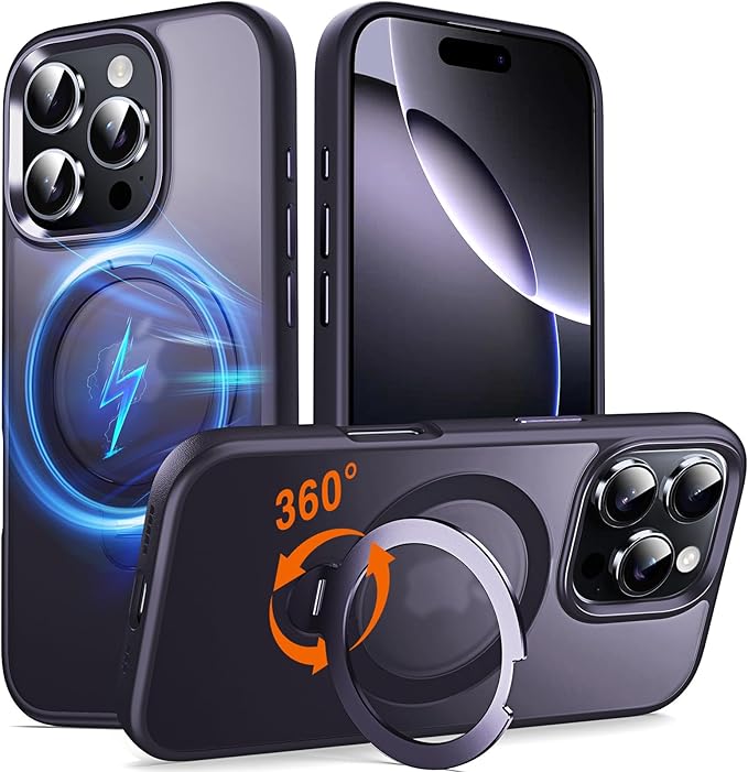 360° O-Ring MagStander for iPhone 16 Pro Case with Magnetic Kickstand Ring Holder [Compatible with MagSafe][360°Rotate Stand Ring][Military Shockproof] iPhone 16 Pro Phone Cover Matte Purple