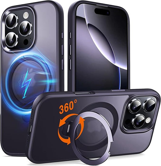 360° O-Ring MagStander for iPhone 16 Pro Case with Magnetic Kickstand Ring Holder [Compatible with MagSafe][360°Rotate Stand Ring][Military Shockproof] iPhone 16 Pro Phone Cover Matte Purple