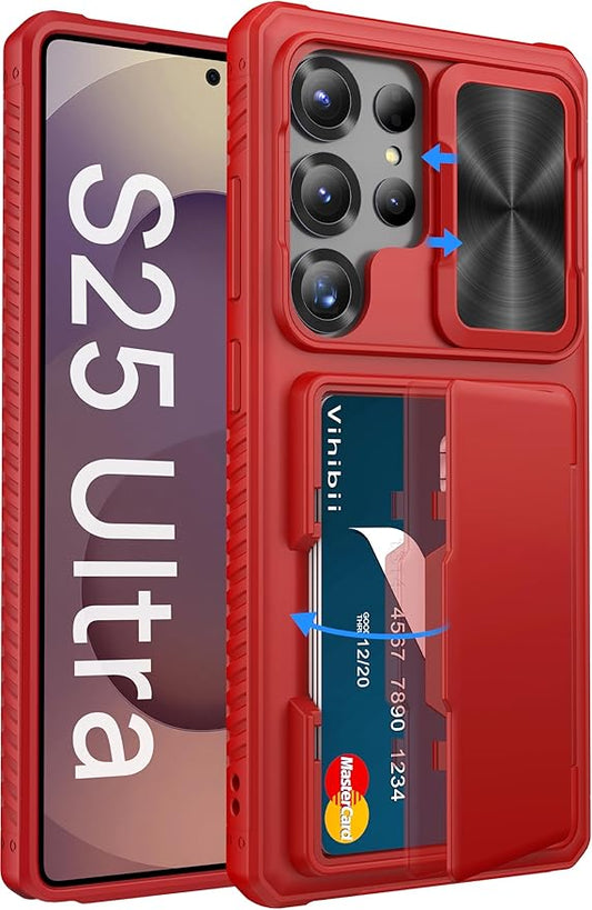 Vihibii for Samsung Galaxy S25 Ultra Wallet Case with Card Holder (4 Cards), [RFID Blocking] & Slide Camera Lens Cover & Raised Edges Protect Screen, Shockproof Cover for Samsung Galaxy S25 Ultra, Red