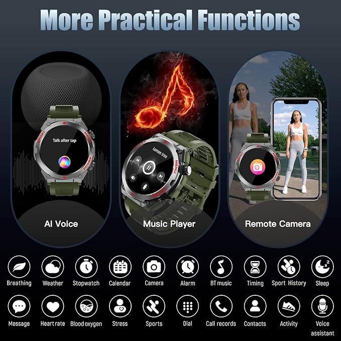 Military Smart Watch, 1.52-Inch Smartwatch with Text and Call, Heart Rate, Blood Oxygen, and Activity Trackers - Compatible with iPhone and Android, for Men and Women (Classic, Green)