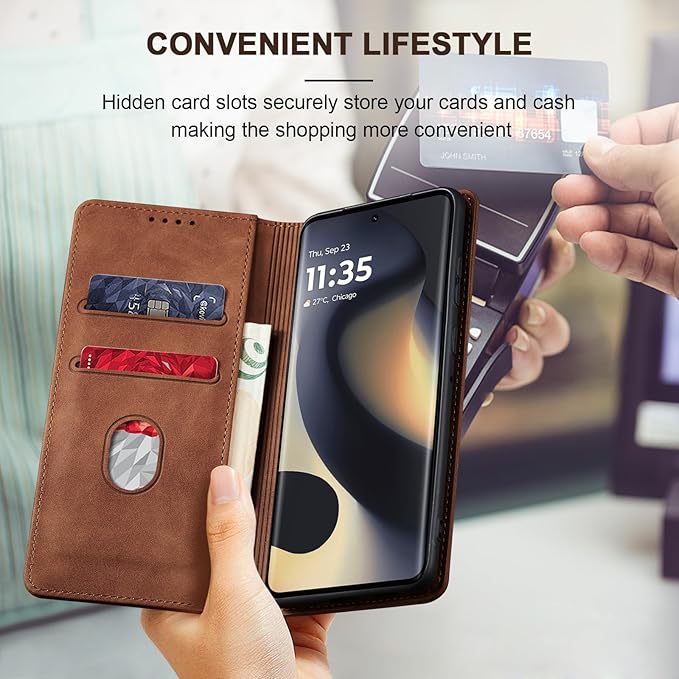 Jasonyu Flip Wallet Case for Motorola Edge (2024),Leather Magnetic Folio Cover with Card Holder,Kickstand - TPU Shockproof Durable Protective Phone Case,Brown