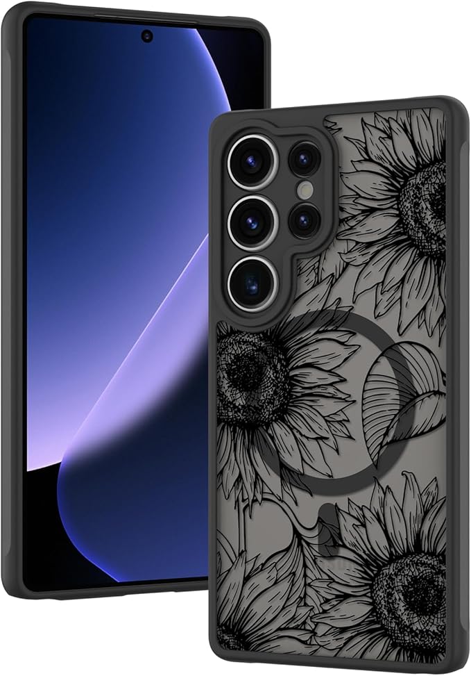 Fiyart Designed for Samsung Galaxy S25 Ultra Case Matte Flowers Design Compatible with MagSafe,Cute Sunflowers Anti-Scratch Translucent Phone Cover for Women Girls 6.8"-Black