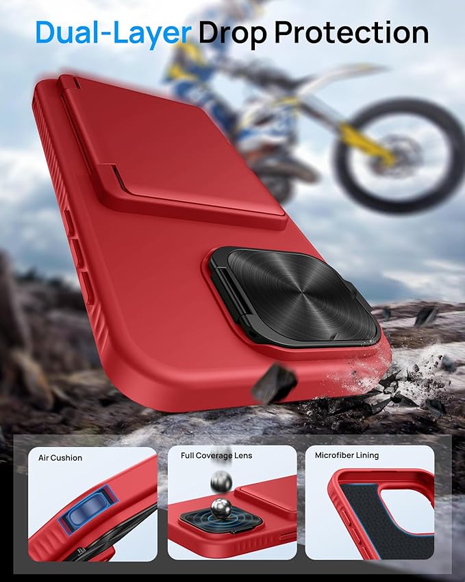 Kickstand Designed for iPhone 16 Pro Max Case with Card Holder & Camera Cover Stand, Military Grade Protection Adjustable Stand Wallet Phone Case for iPhone 16 Pro Max 6.9", Red