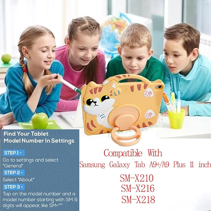 3D Cute Vivid Cat Case for Samsung Galaxy Tab A9+/A9 Plus 11 inch 2023 SM-X210/X216/X218,Kawaii Cartoon Character Pretty Cat Soft Silicone Rotating Stand Case with Lanyard for Kids Teens Girls Women