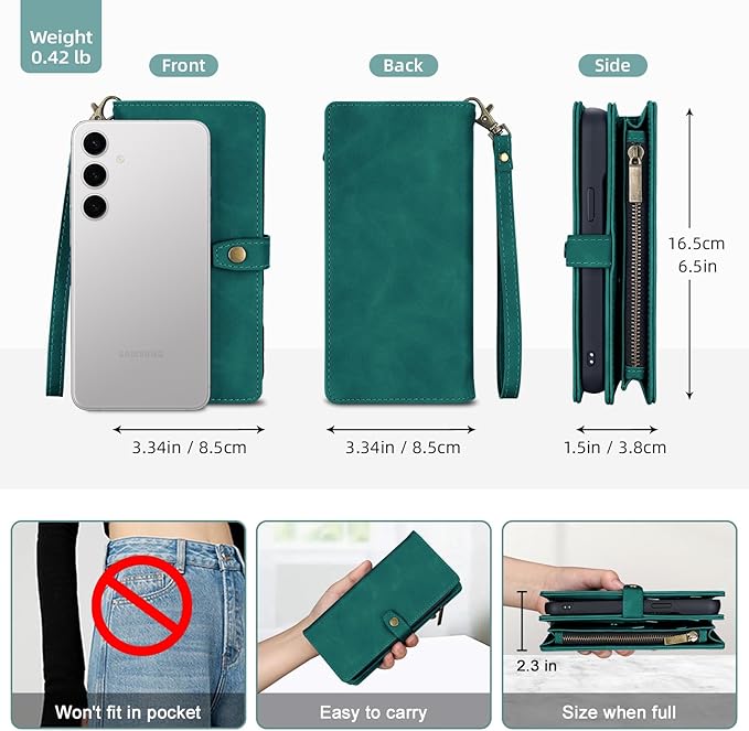 TwoHead for Samsung Galaxy S24 Plus Wallet Case with Card Holder,Detachable Magnetic Phone Case for Galaxy S24 Plus,PU Leather All-Round Protective Phone Cover Wallet with Strap(6.6 in,Green)