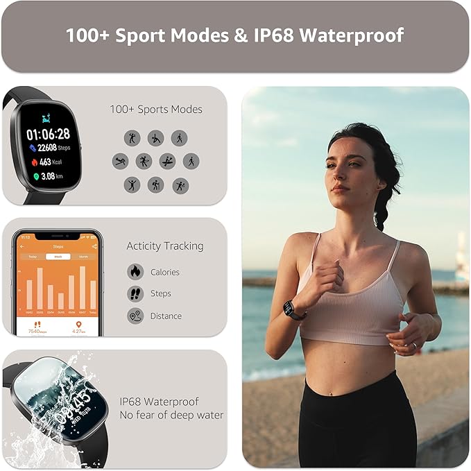 Smart Watch for Men Women Make/Answer Calls,1.83"Fitness Tracker with Sleep Tracker/Blood Pressure/Heart Rate Monitor,Pedometer,100+ Sport Modes,IP68 Waterproof,350 Mah, Compatible with Android&iPhone