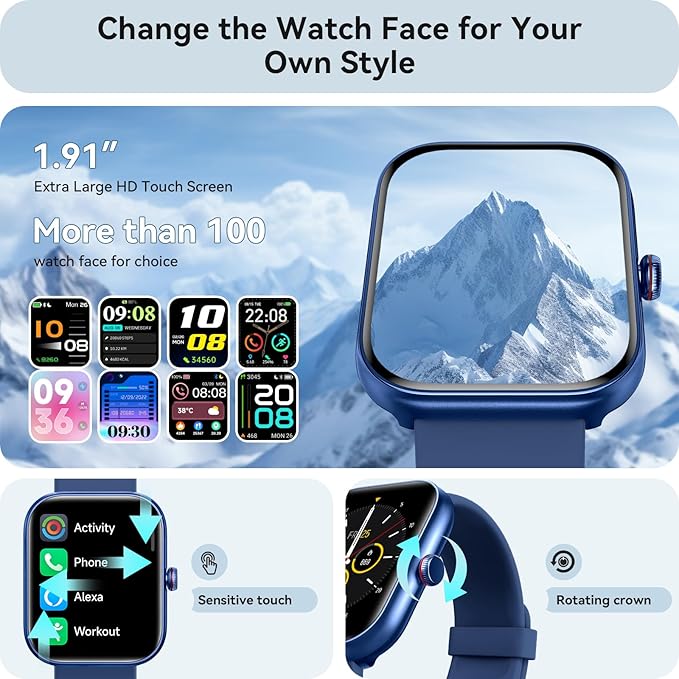 Smart Watch for Women Men, Smartwatch for iPhone & Android Bluetooth (Answer/Call) Built-in Alexa, 1.91" HD Fitness Tracker with 105+ Sport Modes, IP68 Waterproof, Sleep/Heart Rate/SpO2/Stress Monitor