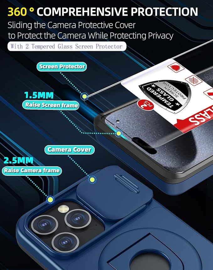 for iPhone 15 Pro Case Compatible with MagSafe Magnetic,with 2 Screen Protectors,Built-in Camera Cover,with Stand Ring,Military Grade Drop Shockproof Heavy Duty Protection Phone Bumper Blue
