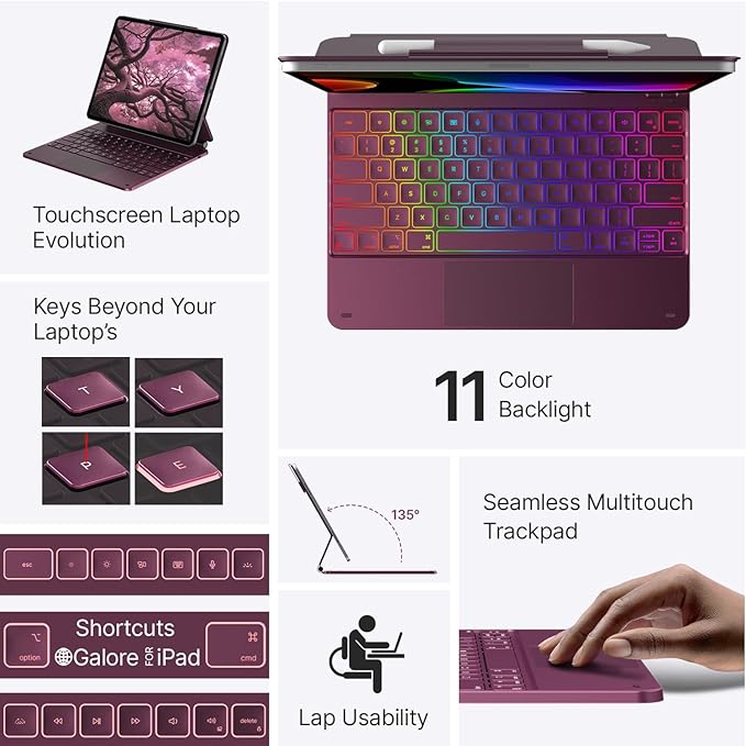 typecase Keyboard Case for iPad Air 13(M3 2025 / M2 2024) and iPad Pro 12.9 (6th, 5th, 4th, 3rd Gen),Magic Keyboard, Magnetic Keyboard Case with Multi-Touch Trackpad, 11 Colors Backlight,Raspberry
