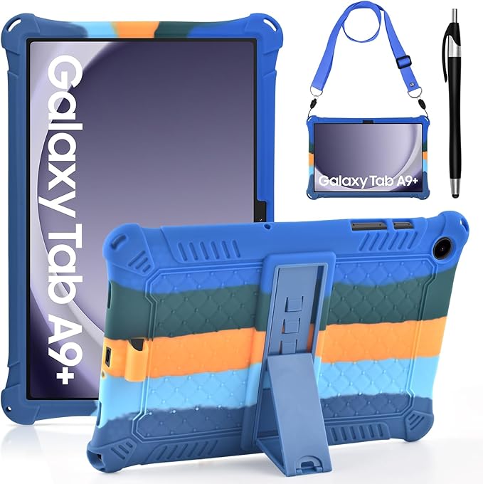 DETUOSI Compatible with Samsung Galaxy Tab A9 Plus Case 11 inch 2023, with Shoulder Strap & Stylus Pen, Soft Silicone Multi-Angle Case for Galaxy Tab A9+ Tablet SM-X210/X216/X218, Dazzling Dark Blue