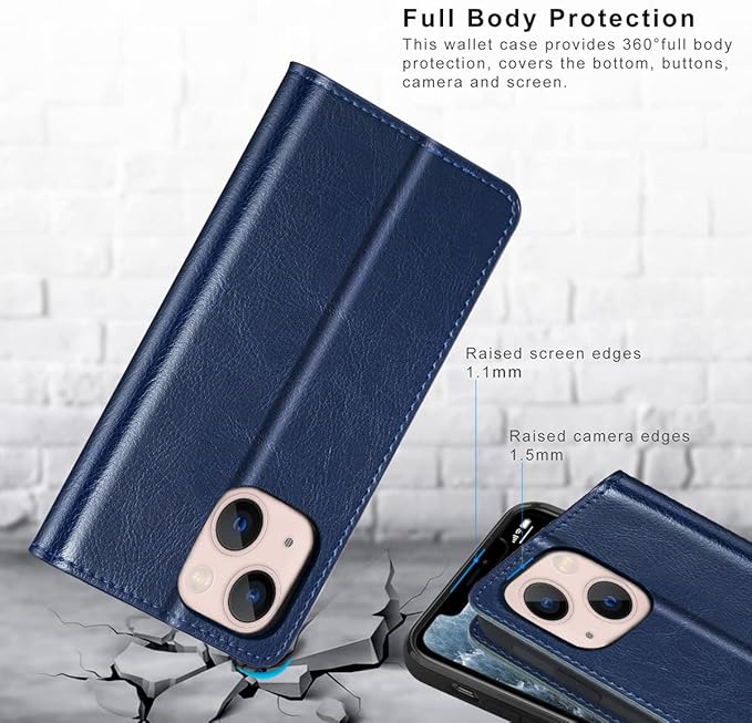 Belemay Compatible with iPhone 14 Plus Wallet Case-Genuine Leather Flip Phone Case-RFID Blocking Card Holders-Shockproof TPU Shell Folio Cover Women Men Compatible with iPhone 14 Plus (6.7-inch) Navy