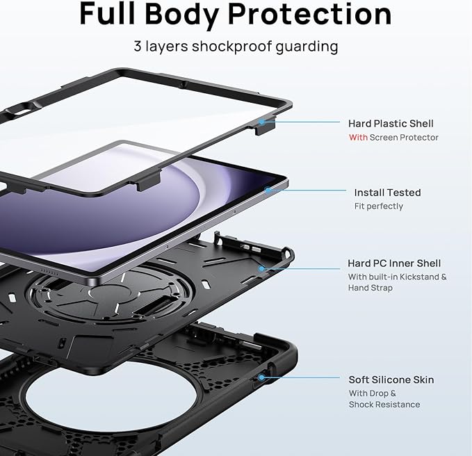 Gerutek Case for Samsung Galaxy Tab A9+/ A9 Plus Case 11" 2023, Full-Body Drop Protection Shockproof Cover with Screen Protector, 360° Rotating Stand, Hand/Shoulder Strap, Pencil Holder, Black
