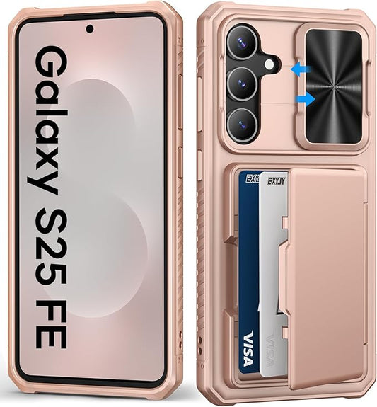 for Samsung Galaxy S25 FE Phone Case Wallet, Card Holder (4-5 Cards), Slide Camera Cover, Military Grade Protection, Rugged Hard Women Girly Men Protective Case for Galaxy S25 FE 6.7", Rose Gold